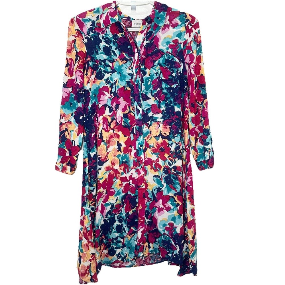 Cupio Floral Tunic Blouse/Dress Medium 33” Long Boho Top 3/4 Sleeve Viscose
